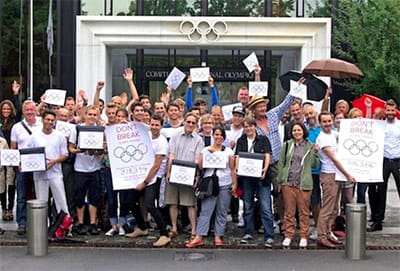Members of All Out at the IOC headquarters in Lausanne, Switzerland