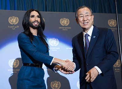 Conchita Wurst meets UN Secretary-General Ban Ki-moon in Austria (Pic: UN Photo/Amanda Voisard)