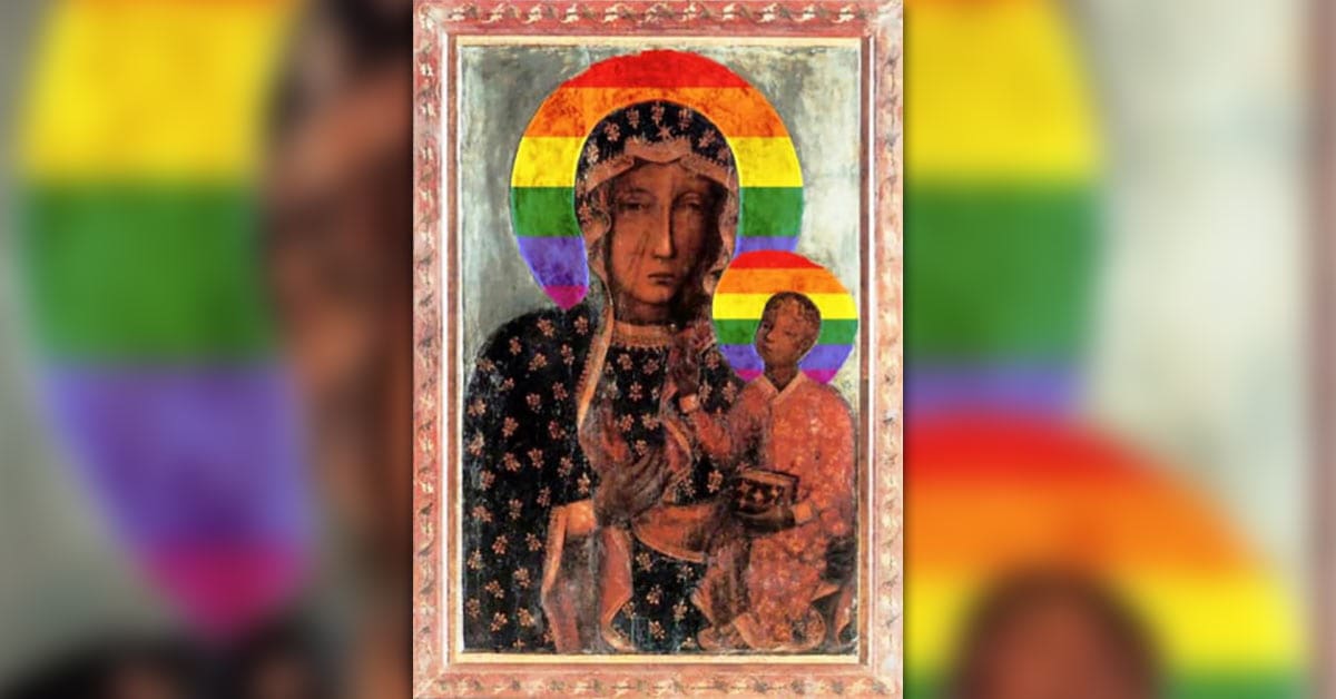 A judge in Poland said that a poster with the Virgin Mary and baby Jesus surrounded by the rainbow flag colours was not offensive.