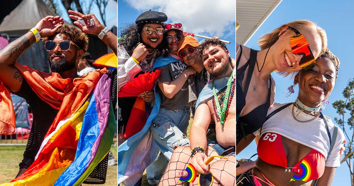 Three images of colourful participants at the 2025 Cape Town Pride mardi gras