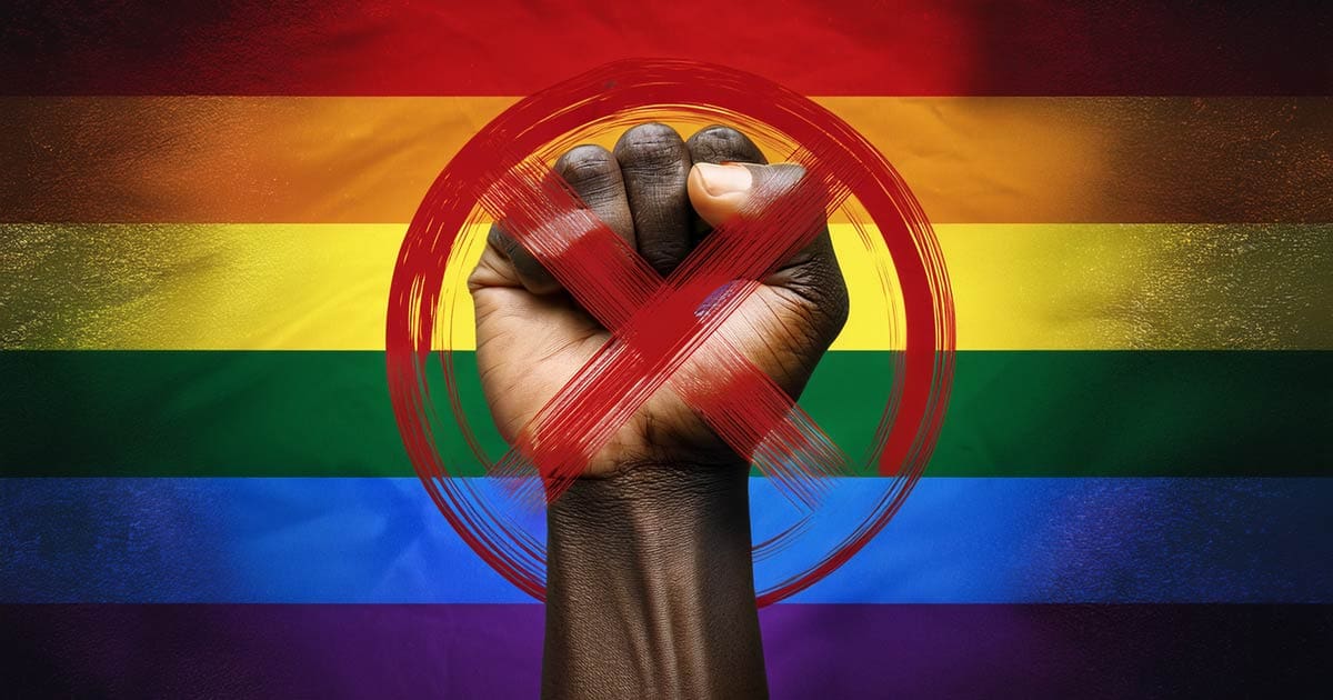 A graphic of a fist crossed out with the background of a rainbow flag, representing LGBTIQ+ Hate
