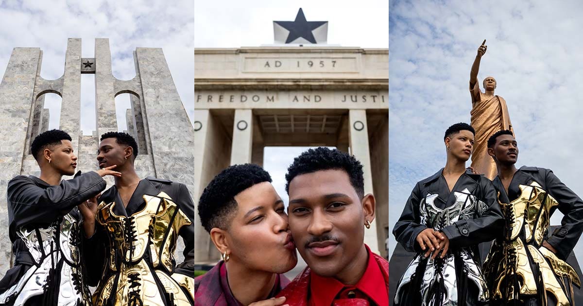 Lue and Rue’s #ShowGhanaLove campaign has outraged homophobic Ghanaian politicians. Here they pose at the Black Star Monument and at the Kwame Nkrumah Statue and Mausoleum. (Photos courtesy of Lue and Rue / Facebook / Instagram / MambaOnline)