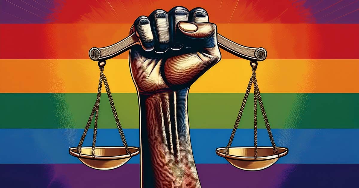 A montage of the scales of justice, a raised fist with the LGBTIQ+ rainbow flag in the background, representing the National Task Team.